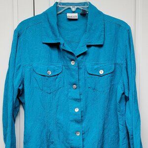 Women's Chico's Turquoise Patterned Linen Shirt Jacket  Size 2 Excellent Cond